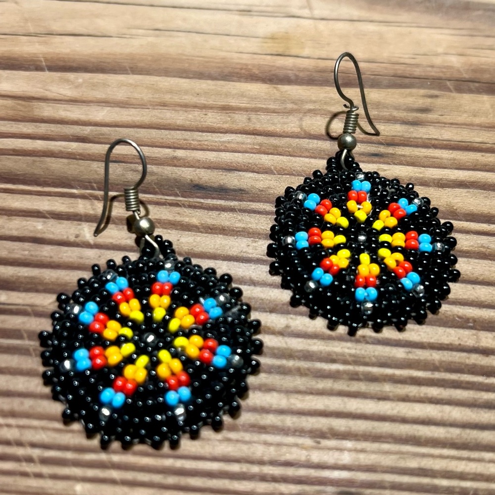 Hand Crafted Black and Red Earrings with Intricate Beaded Design
